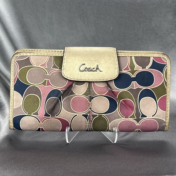 VTG Coach Metallic Gold Monogram Leather Wallet Credit Card Canvas Bifold Y2K